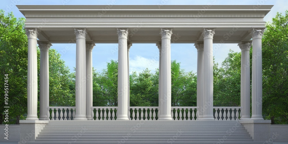 Fototapeta premium Classical portico with six columns, balustrade, and steps, set against a backdrop of lush greenery under a bright sky.