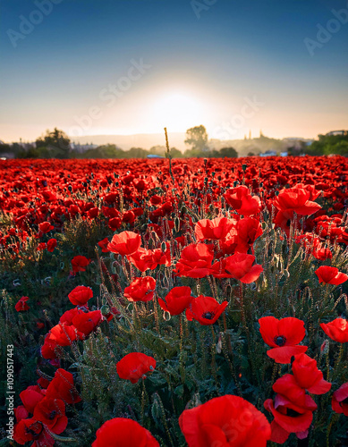 Red poppy flowers background, symbol for remembrance, memorial