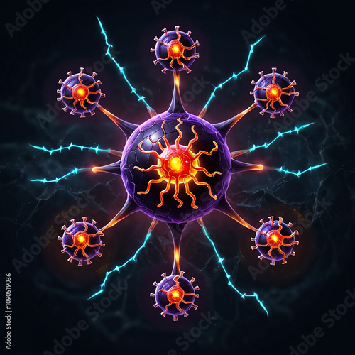 A dark purple sphere with glowing orange spikes, connected to seven smaller, viruslike spheres by thin glowing tendrils, all against a dark, nebulous background. photo