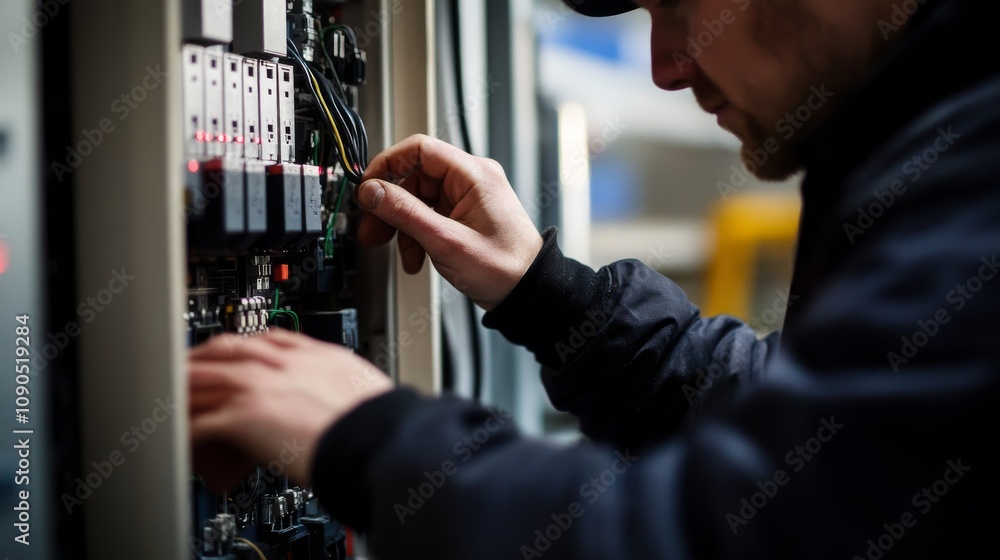 An intimate portrait of an electrician wiring electrical panels in a data center construction project, Data center electrical installation scene, Technical and focused style An intimate portrait of an electrician wiring electrical panels in a data center construction project, Data center electrical installation scene, Technical and focused style