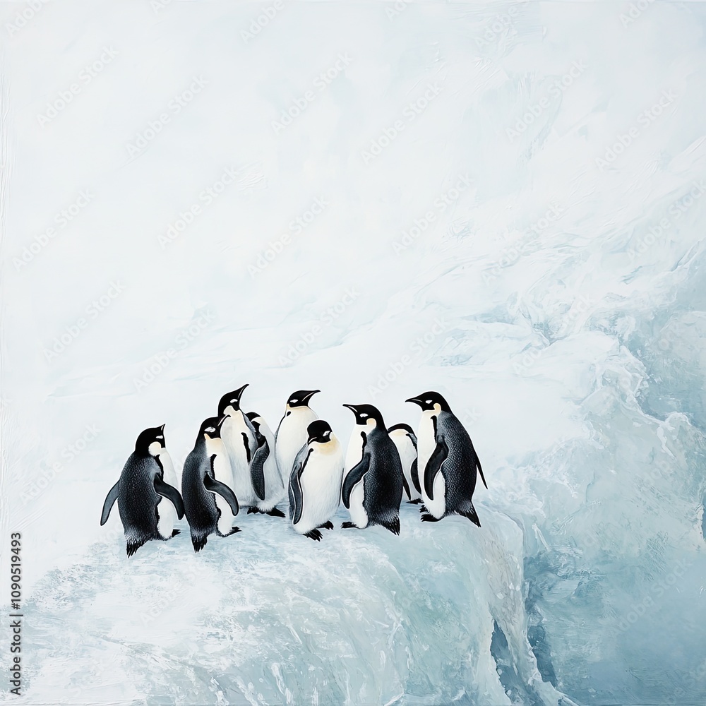 Fototapeta premium A group of emperor penguins gathered on an icy landscape, showcasing their striking black and white plumage.