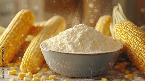 Corn starch in a blue bowl surrounded by vibrant fresh corn cobs and scattered kernels on a rustic tabletop setting. photo