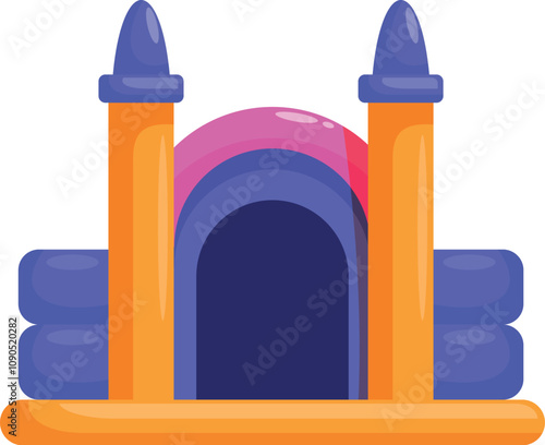 Vibrant inflatable bouncy castle shaped like a fortress, providing amusement and entertainment for kids
