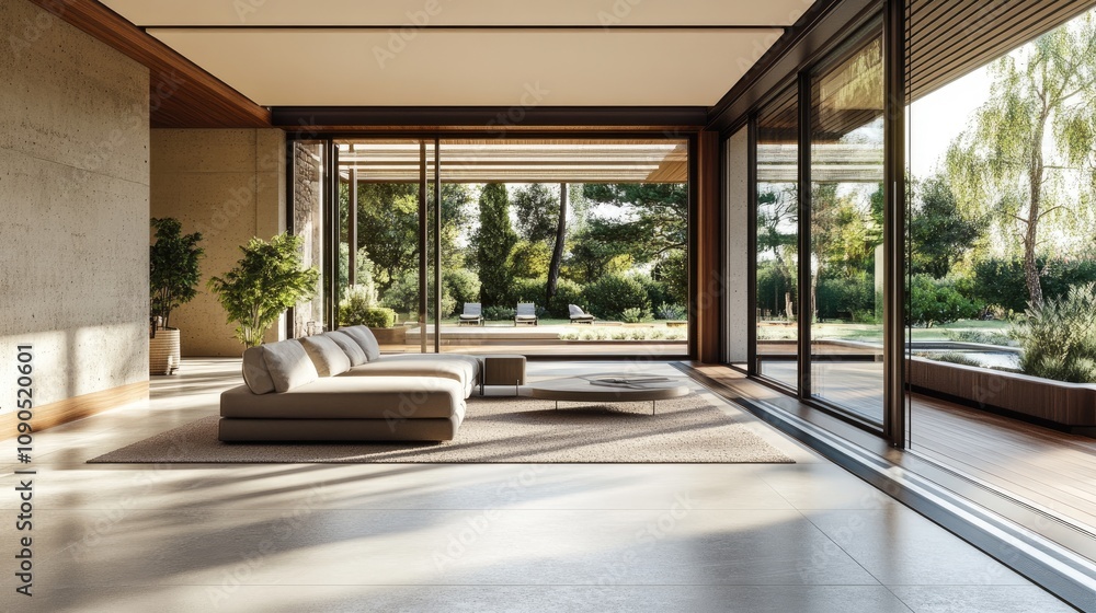 Fototapeta premium A modern living room featuring a spacious and airy design with large glass windows and minimalistic furniture.