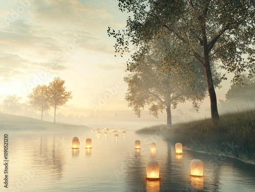 Festival of lights concept. Serene river scene with glowing lanterns and misty trees at sunrise. photo