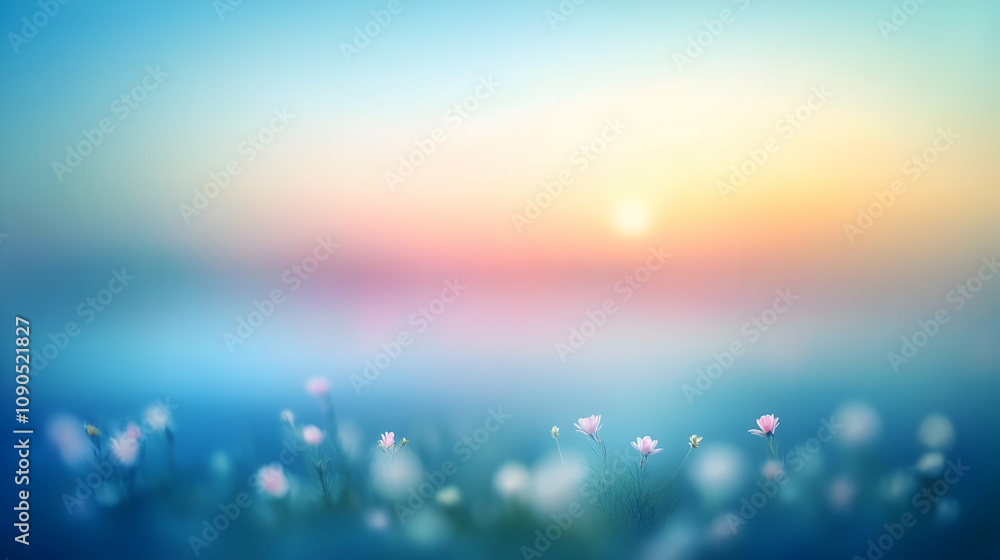 Fototapeta premium Abstract Blurred Background with Soft Pastel Colors and Delicate Flowers in the Foreground, Creating a Dreamy and Serene Atmosphere.