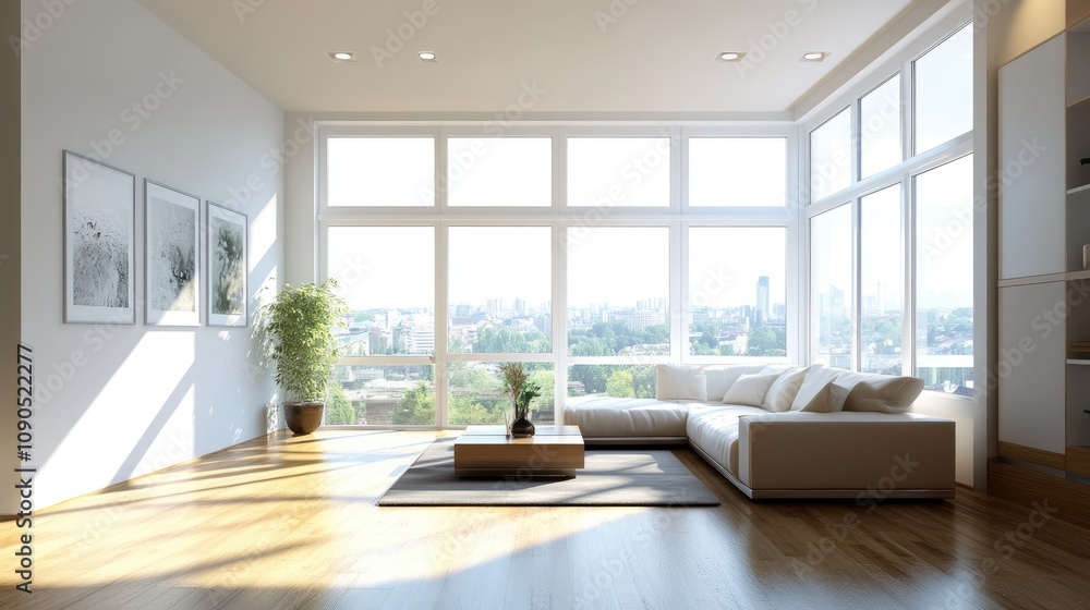Fototapeta premium Bright and airy modern living room with large windows and a cozy sofa.