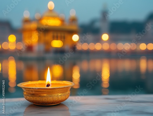 Festival of lights concept. A glowing diya in front of a shimmering temple at dusk. photo