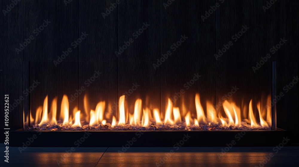 Fototapeta premium Dancing Flames Illuminating a Dark Setting with a Modern Glass Barrier and Smooth Stone Base