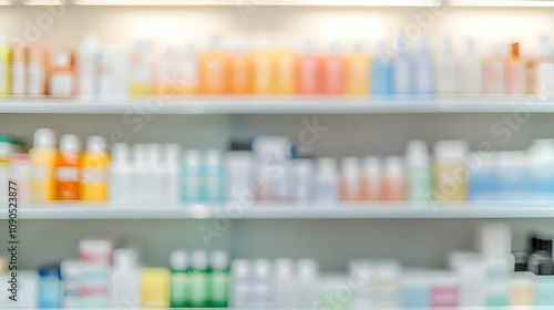 Abstract Blurred Background of a Store Shelf Filled with Colorful Bottles and Containers