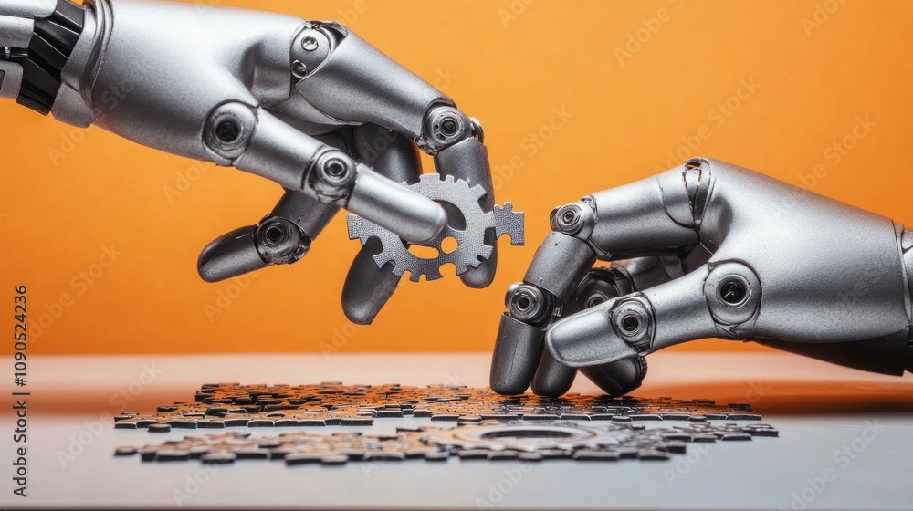 Obraz premium Two robotic hands assembling intricate gear puzzle