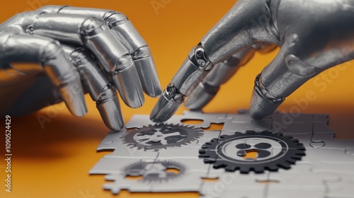 Mechanical hands assembling gear puzzle on orange desk photo