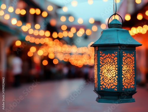 Festival of lights concept. Lantern glowing warmly in a blurred festive street scene. photo