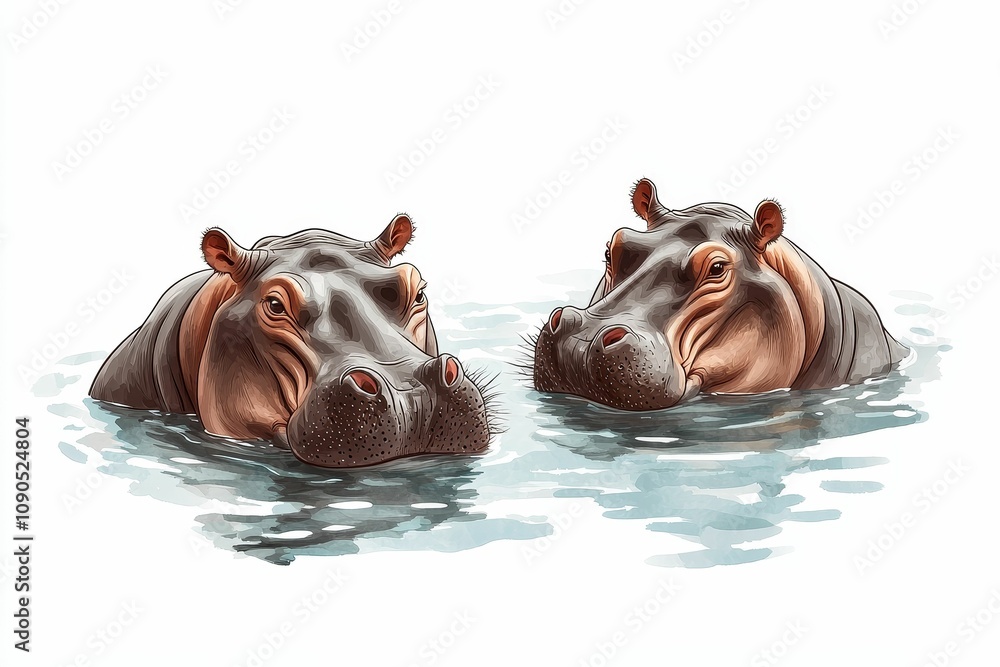 Fototapeta premium Two hippos partially submerged in water.