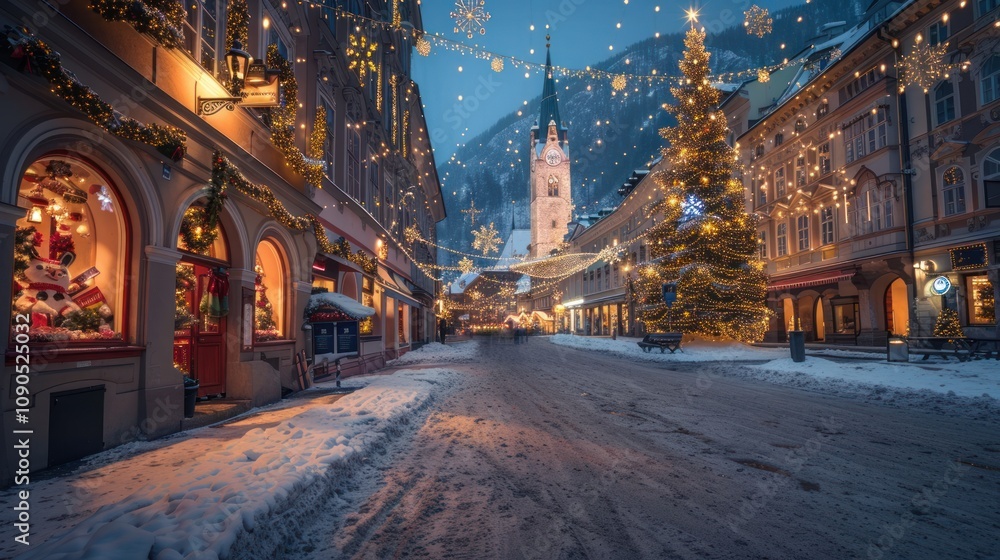 Obraz premium Snowy street decorated for Christmas with lights and a tree.
