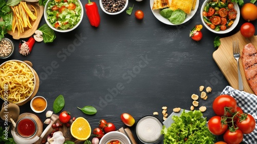 Wallpaper Mural A vibrant spread of fresh ingredients with vegetables, pasta, and salads, showcasing a variety of colorful foods for a healthy meal. Torontodigital.ca