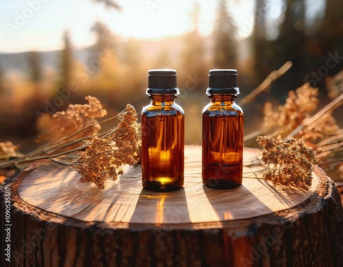 Two amber bottles of essential oil are standing on a wooden stump outside with dried herbs and flowers surrounding them. The sunlight is shining on the essential oil bottles photo