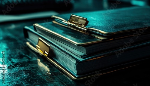 A close-up of two stacked black folders with gold clips on a dark surface.