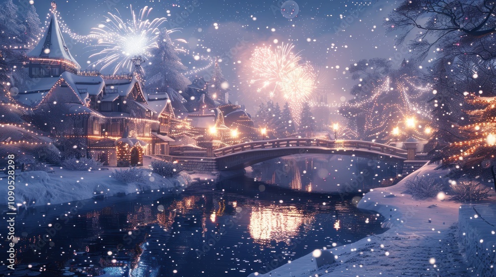 Fototapeta premium A snowy winter scene with fireworks over a charming village.