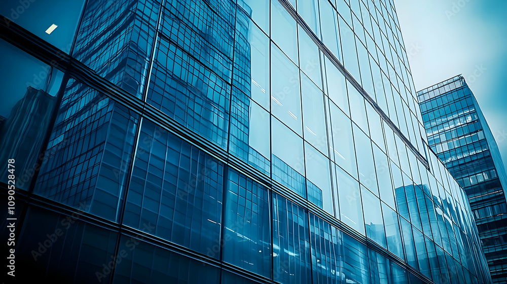 Obraz premium A Low Angle View of Modern Glass Skyscraper Buildings with Reflecting Windows and a Blue Sky