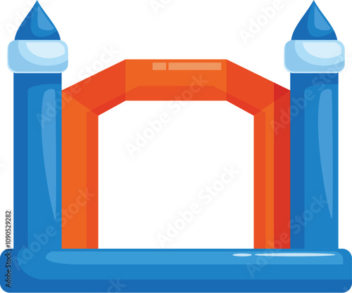 Inflatable bouncy castle with blue towers and orange arch, providing entertainment for children during parties and events