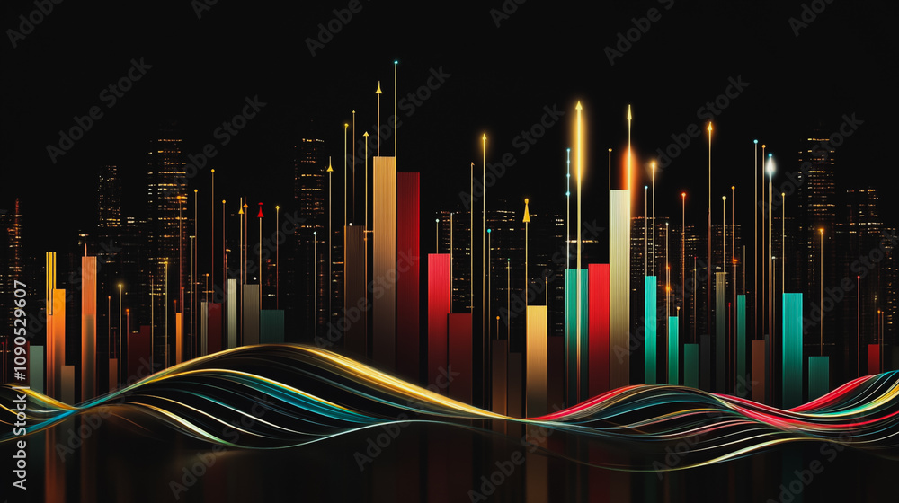 Abstract black background with 3D Colorful charts and graphs with statistics to innovative analyze business potential and forecast future development of companies growth. Abstract black background with 3D Colorful charts and graphs with statistics to innovative analyze business potential and forecast future development of companies growth.