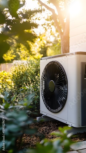 A close-up of an air source heat pump in the backyard, showcasing its energy-efficient design and modern aesthetics. The surrounding greenery adds to the eco-friendly vibe.