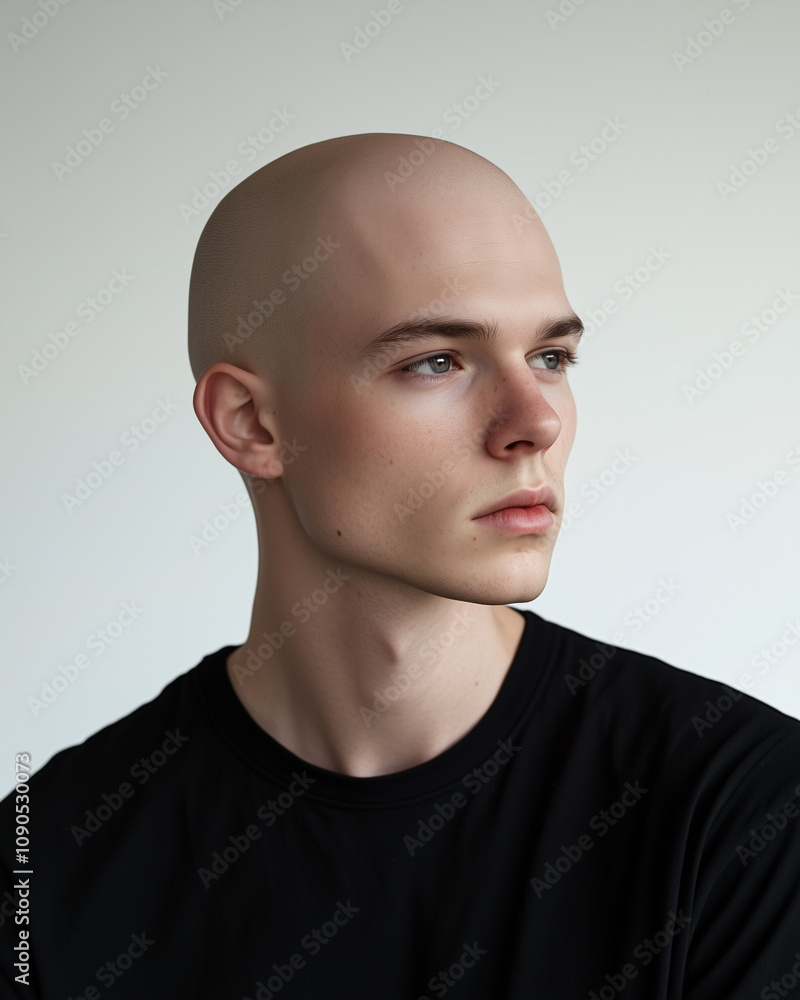 Obraz premium A portrait of a bald young man in a black t-shirt