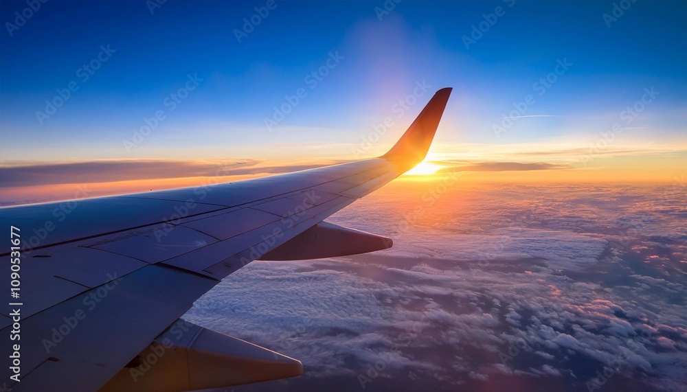 Obraz premium View from the airplane window, wing and sunrise in background