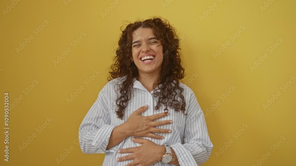 Young woman laughing hard out loud over funny joke - hispanic female wearing shirt standing and smiling on yellow isolated background