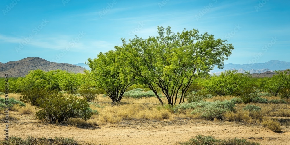 Fototapeta premium Lush green trees and vibrant bushes contrast against the arid desert landscape, showcasing the remarkable resilience of green trees in such a dry environment dominated by the desert.