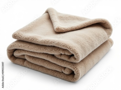 Cozy beige fleece blanket folded neatly on a white background, featuring soft and plush texture, ideal for winter warmth and home decor