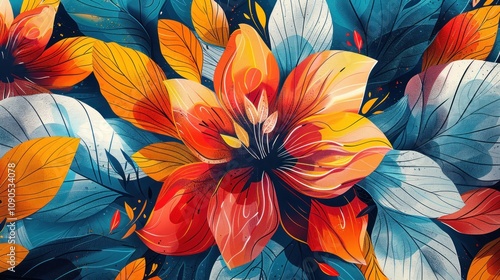 Wallpaper Mural Vivid orange and red flowers with teal leaves. Torontodigital.ca