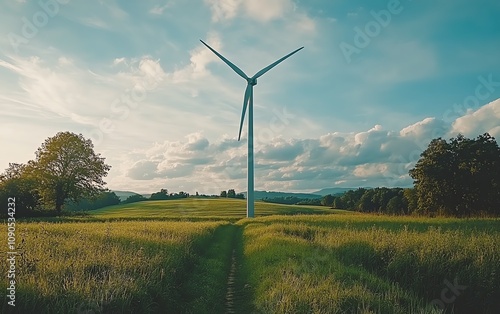 A wind turbine standing proudly in a lush, green field under a crisp blue sky, symbolizing sustainability and renewable energy in a calm, environmentallyconscious landscape photo