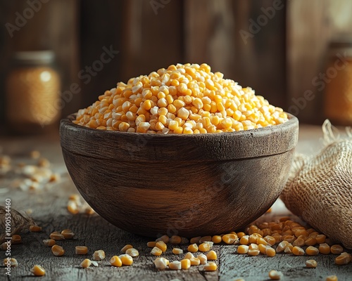 Bright, freshly harvested corn with vibrant yellow kernels and green husks, artfully displayed in a wooden bowl on a rustic wooden table, capturing the beauty of nature s harvest photo