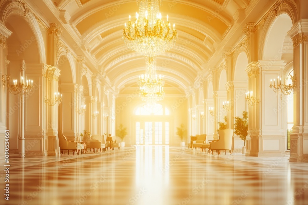 Elegant hallway with chandeliers and natural light creating a luxurious atmosphere. Elegant hallway with chandeliers and natural light creating a luxurious atmosphere.