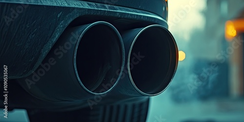 Close up view of an exhaust pipe highlighting the issue of environmental pollution. The exhaust pipe demonstrates carbon dioxide emissions from a combustion engine, emphasizing their impact. photo