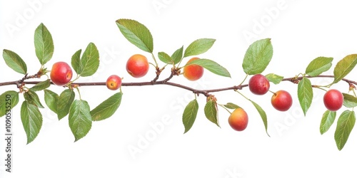 Cherry plum branch featuring ripe berries and vibrant leaves, beautifully isolated against a white background, showcasing the delightful colors and details of cherry plum nature. photo