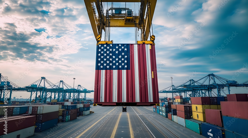 Fototapeta premium Port crane lifting American flag container symbolizing global shipping and trade from the USA