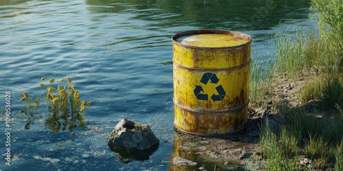 Conceptual image depicting a radioactive nuclear waste barrel or drum positioned near water in a natural setting, highlighting the implications of radioactive waste in the environment.