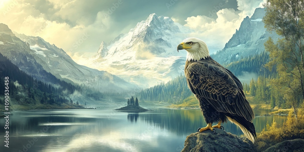 Fototapeta premium Majestic eagle observing its surroundings in a captivating wildlife scene. The beautiful eagle embodies the essence of wildlife, showcasing its grace and keen awareness in nature.