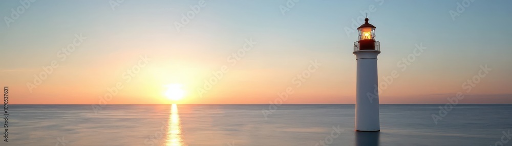 Fototapeta premium A serene lighthouse stands by the calm sea at sunset, casting its light across the water as the sun sets on the horizon.