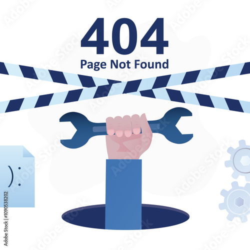 Error 404, page not found. Repairman hand coming out of hole and holding wrench. Internet page repair, website information restoration and update. Wallpaper template.