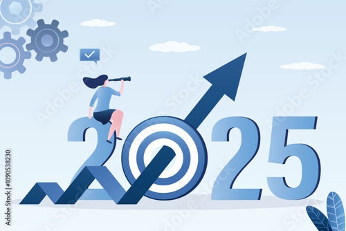 Economic prospects in 2025. Visionary looking future with spyglass. Smart businesswoman look through binoculars at growing chart. Business opportunities and targets or goals.
