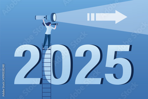 Economic prospects in 2025. Visionary illuminates future with flashlight. Businesswoman climbing stairs to look through binoculars at number 2025