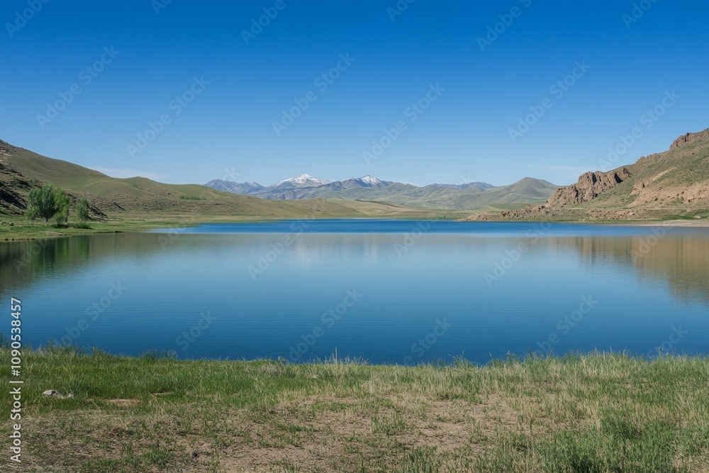 Obraz premium Serene lake, mountains, clear sky.