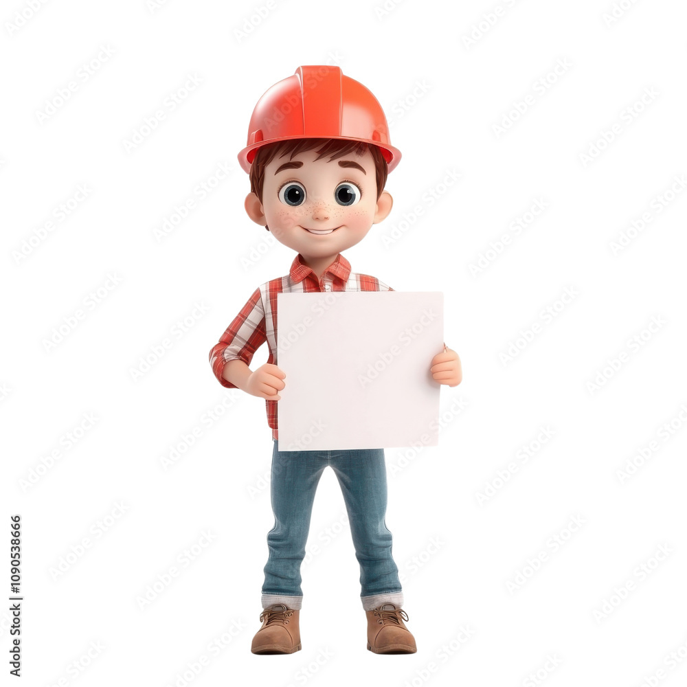 Cheerful Cartoon Boy in Construction Hat Holding Blank Sign for Kids' Construction Theme, Education, and Safety Concepts in Bright and Playful Style Cheerful Cartoon Boy in Construction Hat Holding Blank Sign for Kids' Construction Theme, Education, and Safety Concepts in Bright and Playful Style