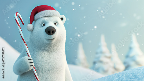 A cute and cuddly polar bear wearing a Santa hat and holding a candy cane, perfect for Christmas cards