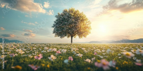 Wallpaper Mural The simula tree stands solo in an open field, embracing the sky and sunlight, while showcasing the natural beauty that surrounds it. The flowers near the simula tree shimmer under the sun. Torontodigital.ca