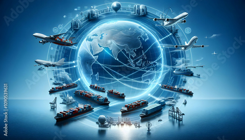 Logistic A conceptual diagram of a global logistics flow, with containers moving between sea, air, and land 2